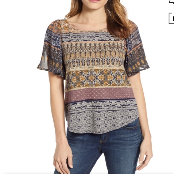 Lucky Brand Tops - Lucky Brand Flutter Sleeve Mixed Top In Gold Multi